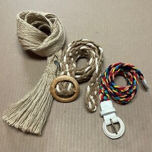 Vintage Women's M/L Lot of 3 Braided Woven Natural Belts Round Buckle & Free Tie